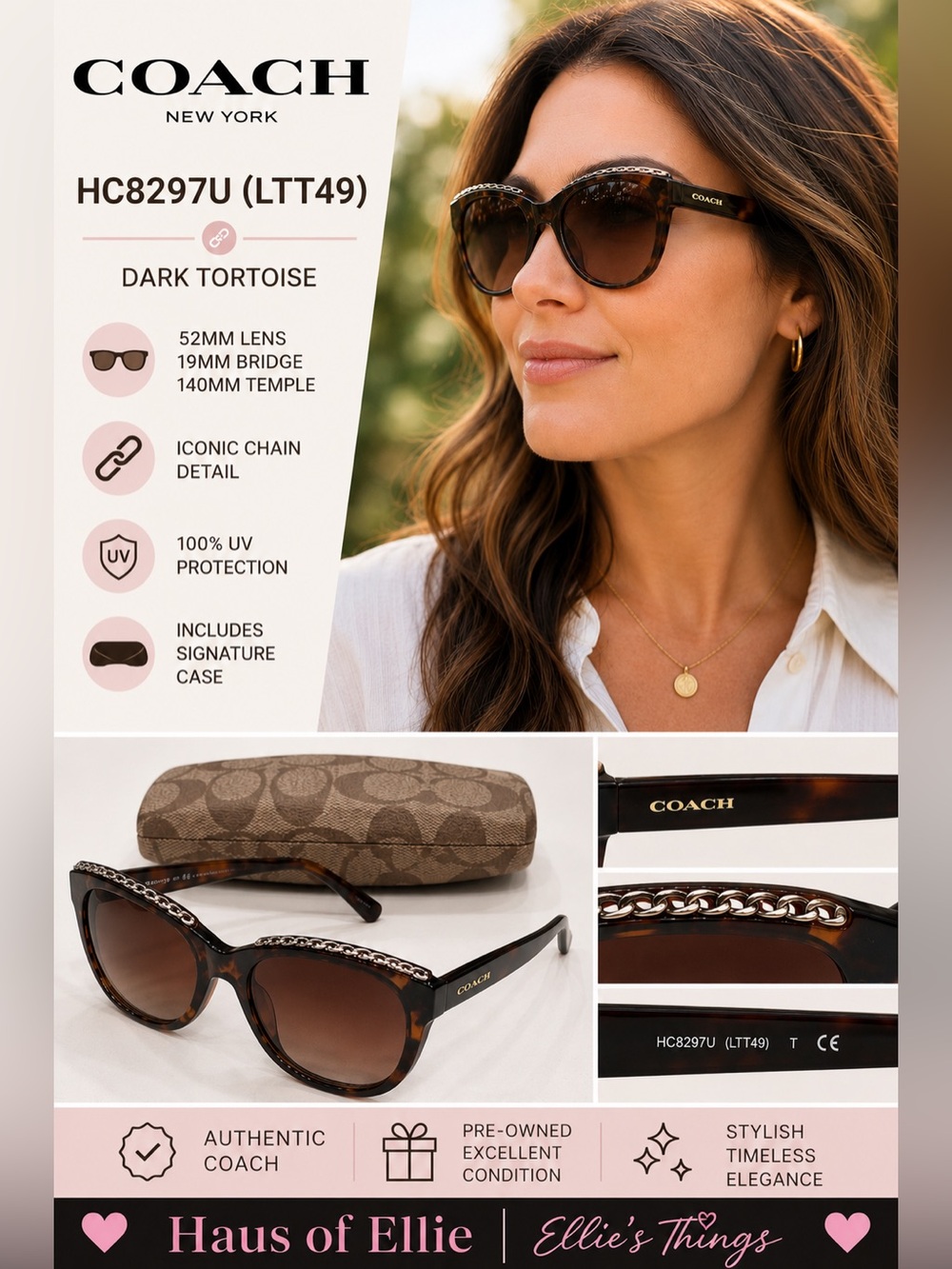 Coach HC8297U Dark Tortoise Cat Eye Sunglasses w/ Case EUC